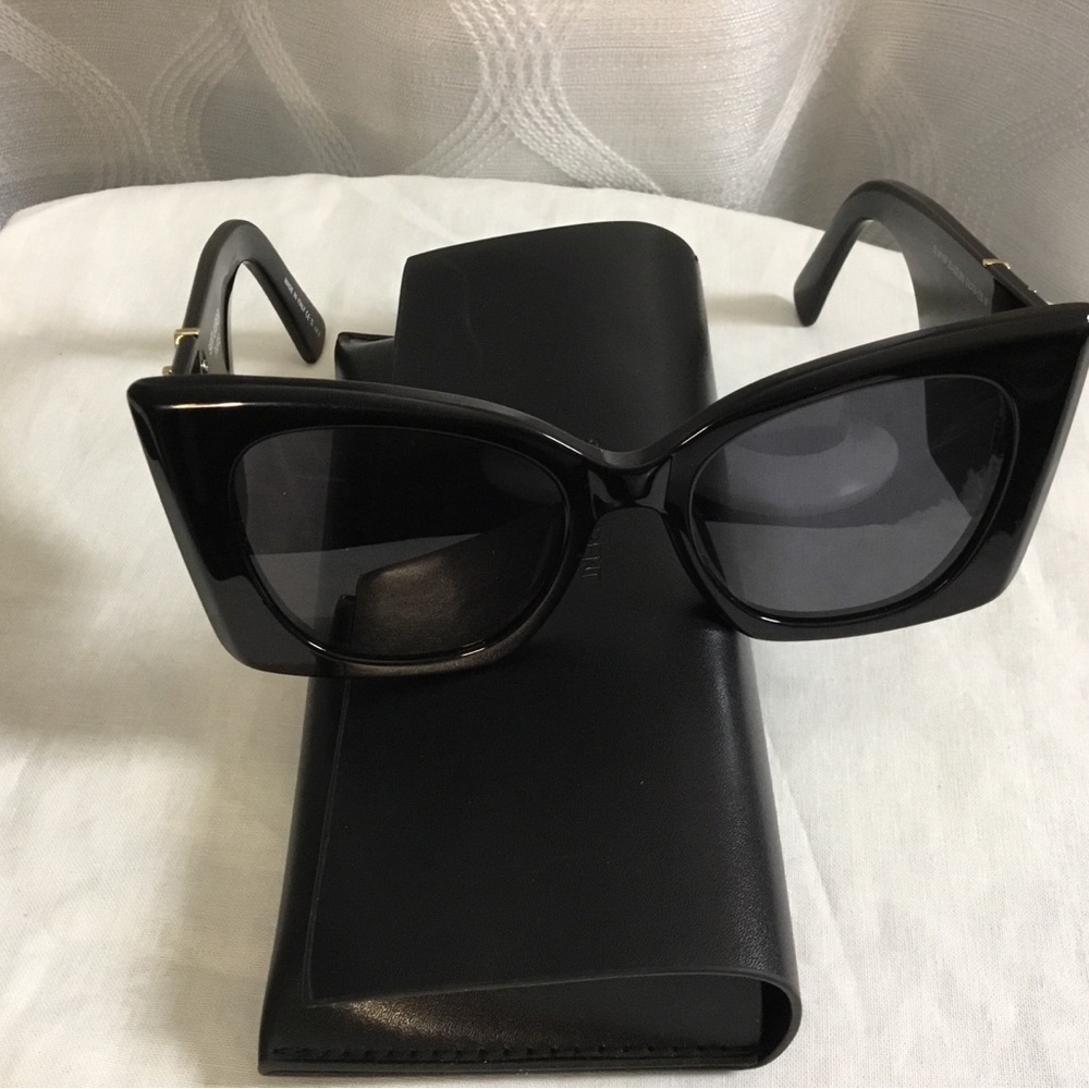 Saint Laurent Black Cat-Eye Sunglasses with Gold Logo Case - Picture 7 of 13